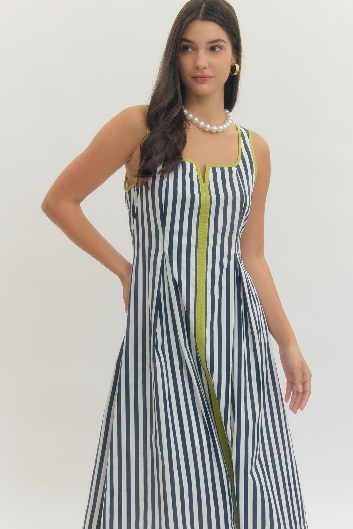 Floral stripe print short puff sleeve midi dress