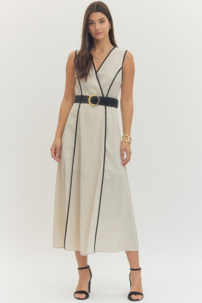 Linen Solid Sleeveless Wrap Style Midi