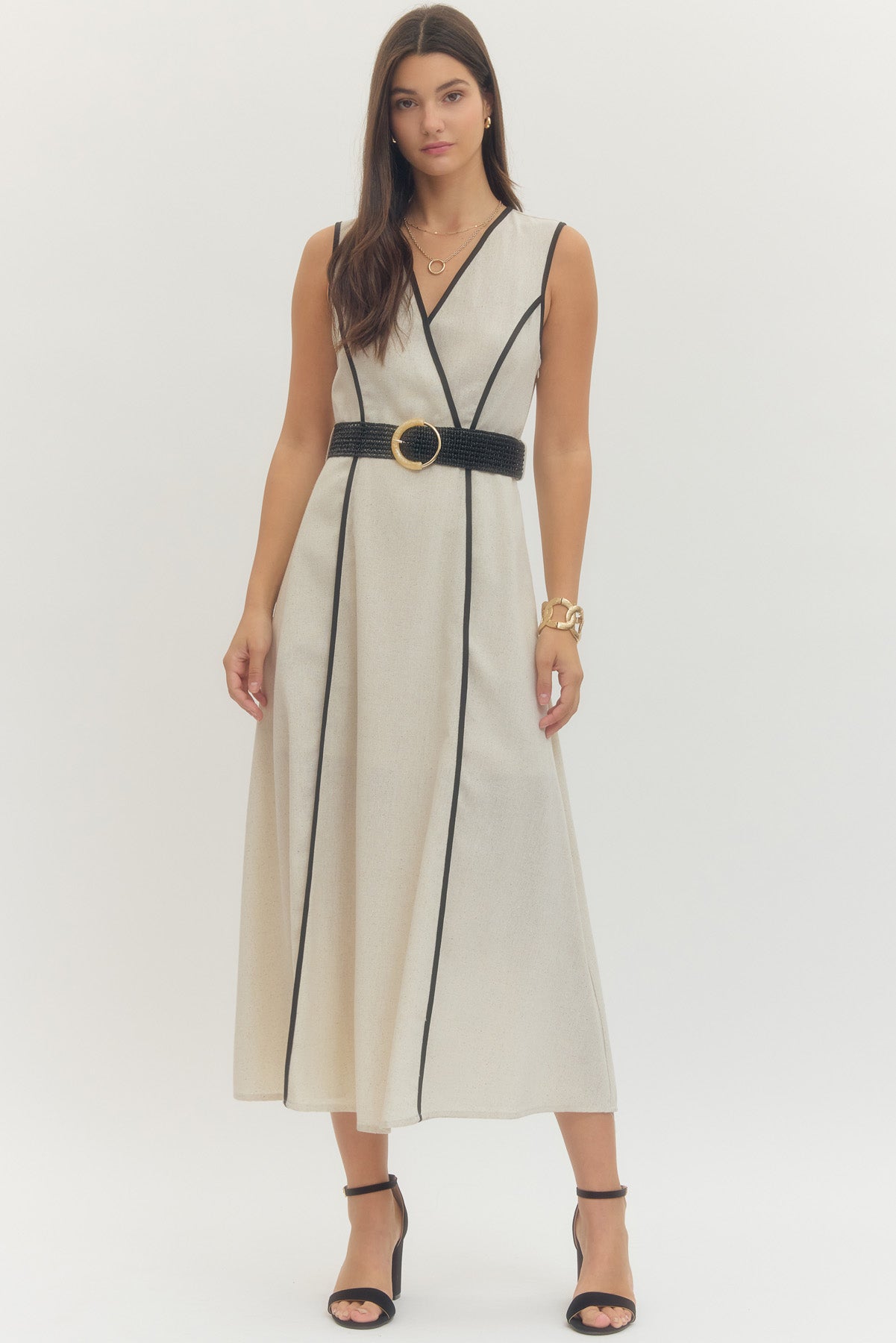 Linen Solid Sleeveless Wrap Style Midi