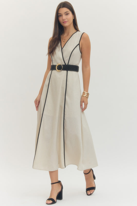 Linen Solid Sleeveless Wrap Style Midi