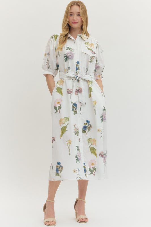 Off White Floral Button Front Midi with Tie-Waist