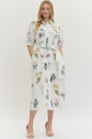 Off White Floral Button Front Midi with Tie-Waist