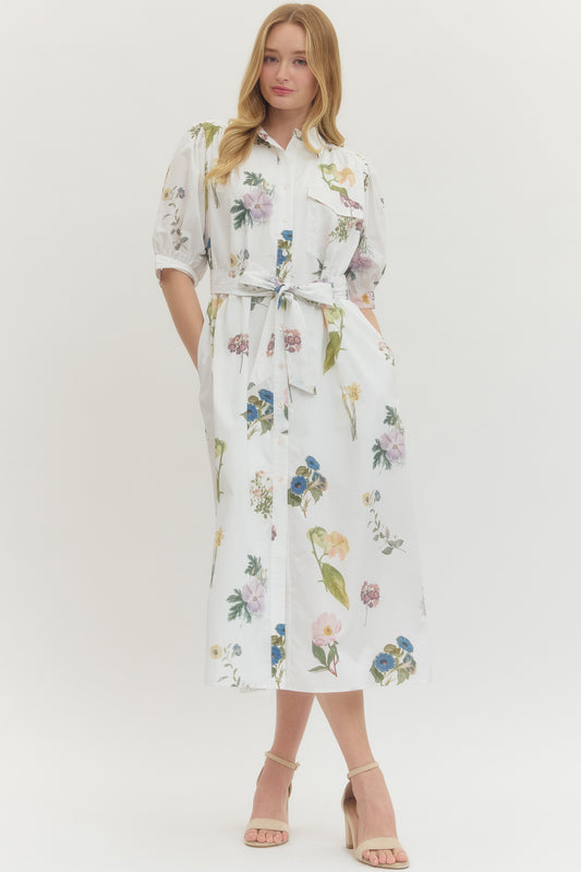 Off White Floral Button Front Midi with Tie-Waist