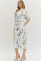Off White Floral Button Front Midi with Tie-Waist