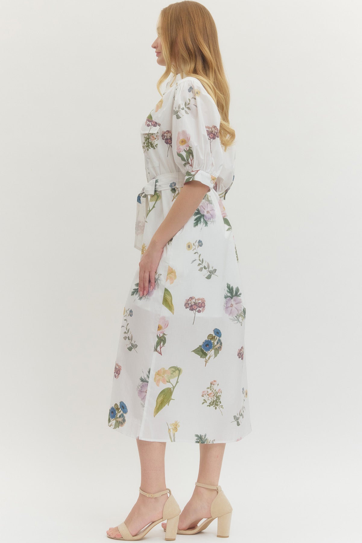 Off White Floral Button Front Midi with Tie-Waist