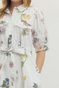 Off White Floral Button Front Midi with Tie-Waist