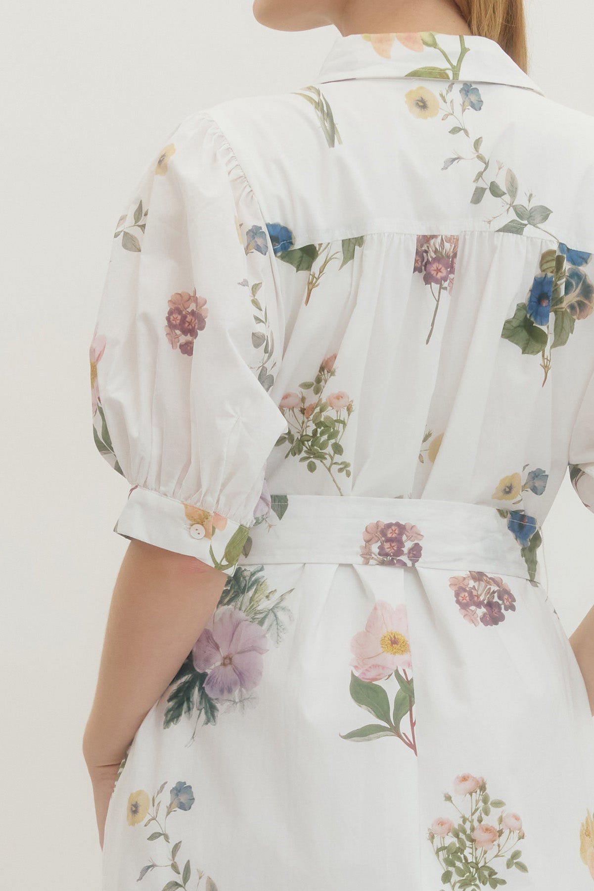 Off White Floral Button Front Midi with Tie-Waist
