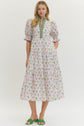 Off White Floral Puff Sleeve Midi w/ Ruffled Collar