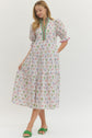 Off White Floral Puff Sleeve Midi w/ Ruffled Collar