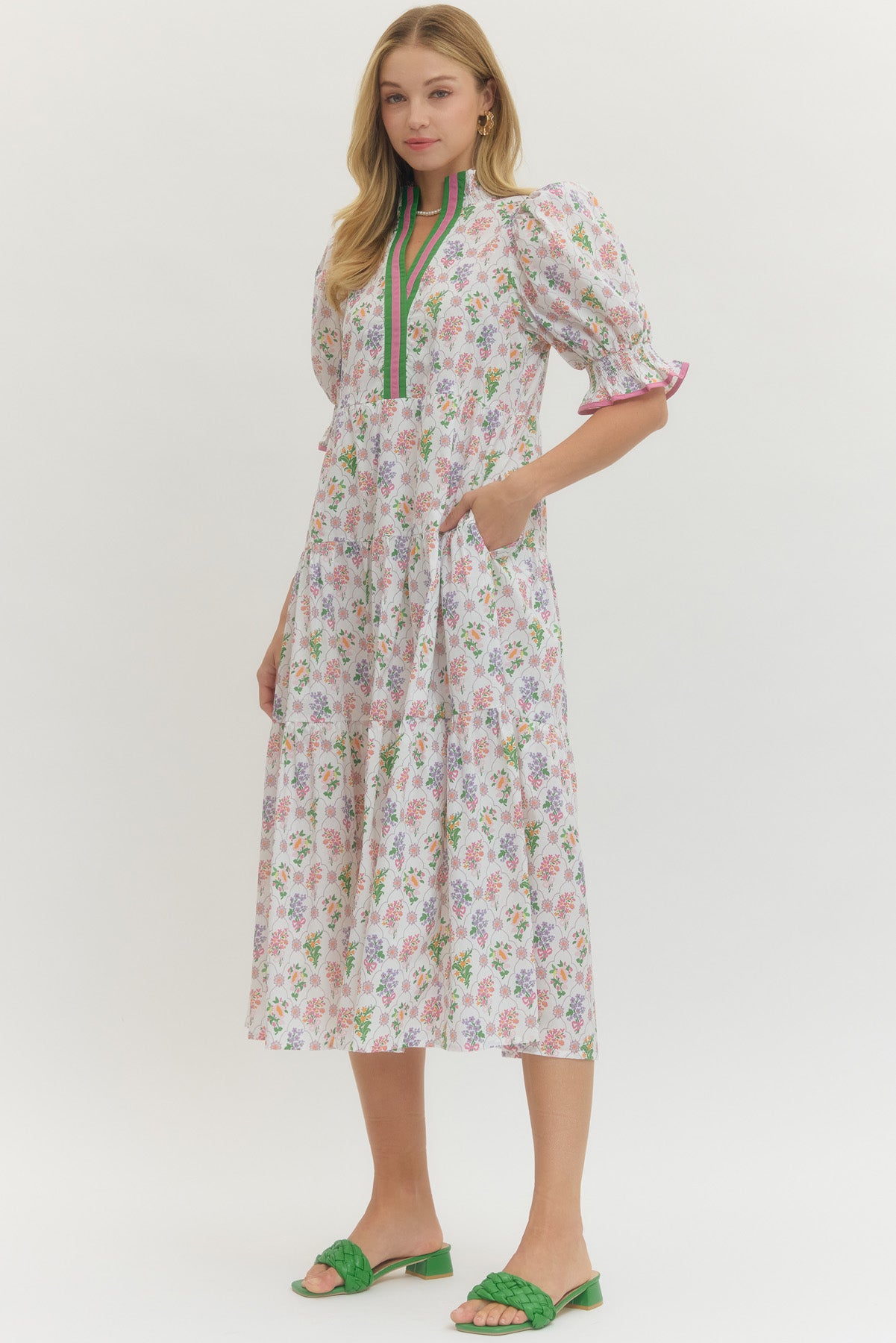 Off White Floral Puff Sleeve Midi w/ Ruffled Collar