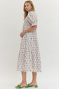 Off White Floral Puff Sleeve Midi w/ Ruffled Collar