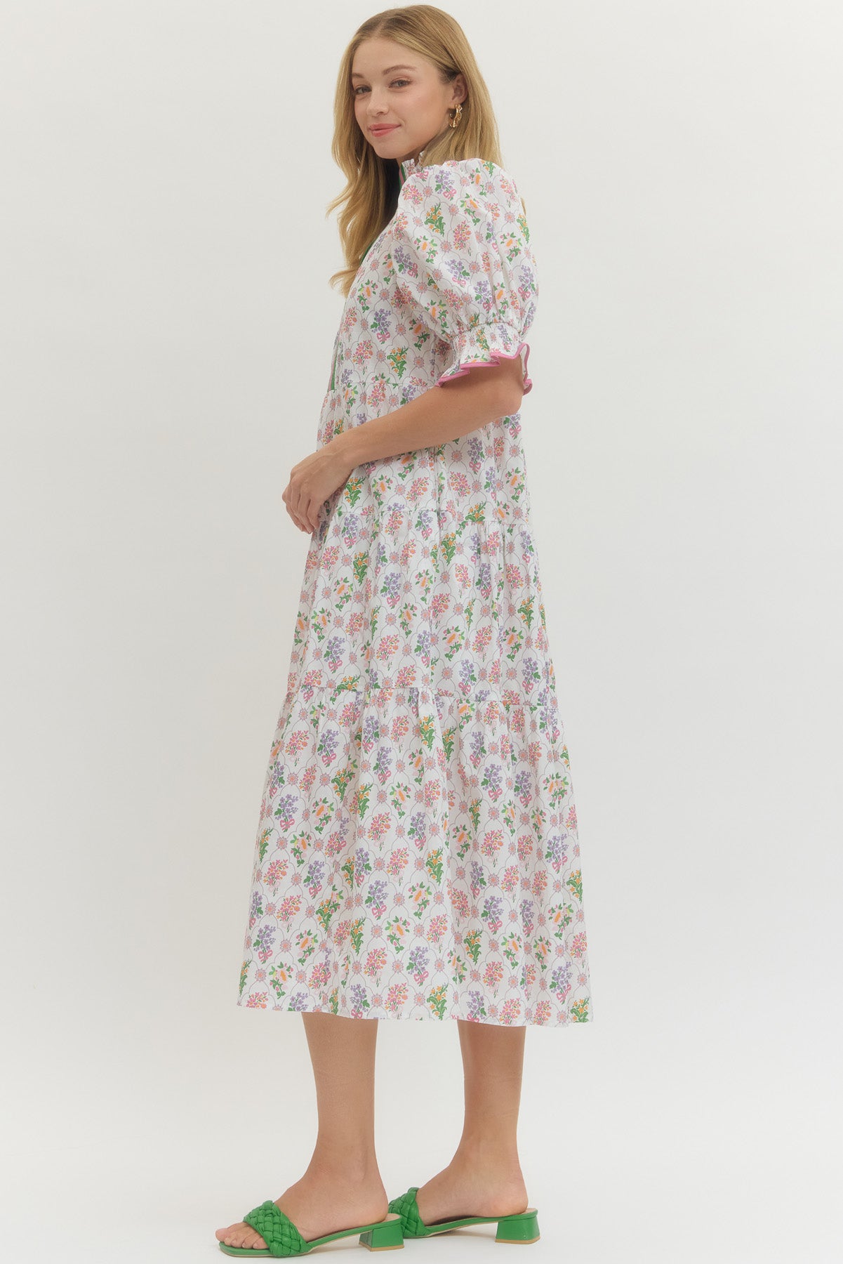 Off White Floral Puff Sleeve Midi w/ Ruffled Collar