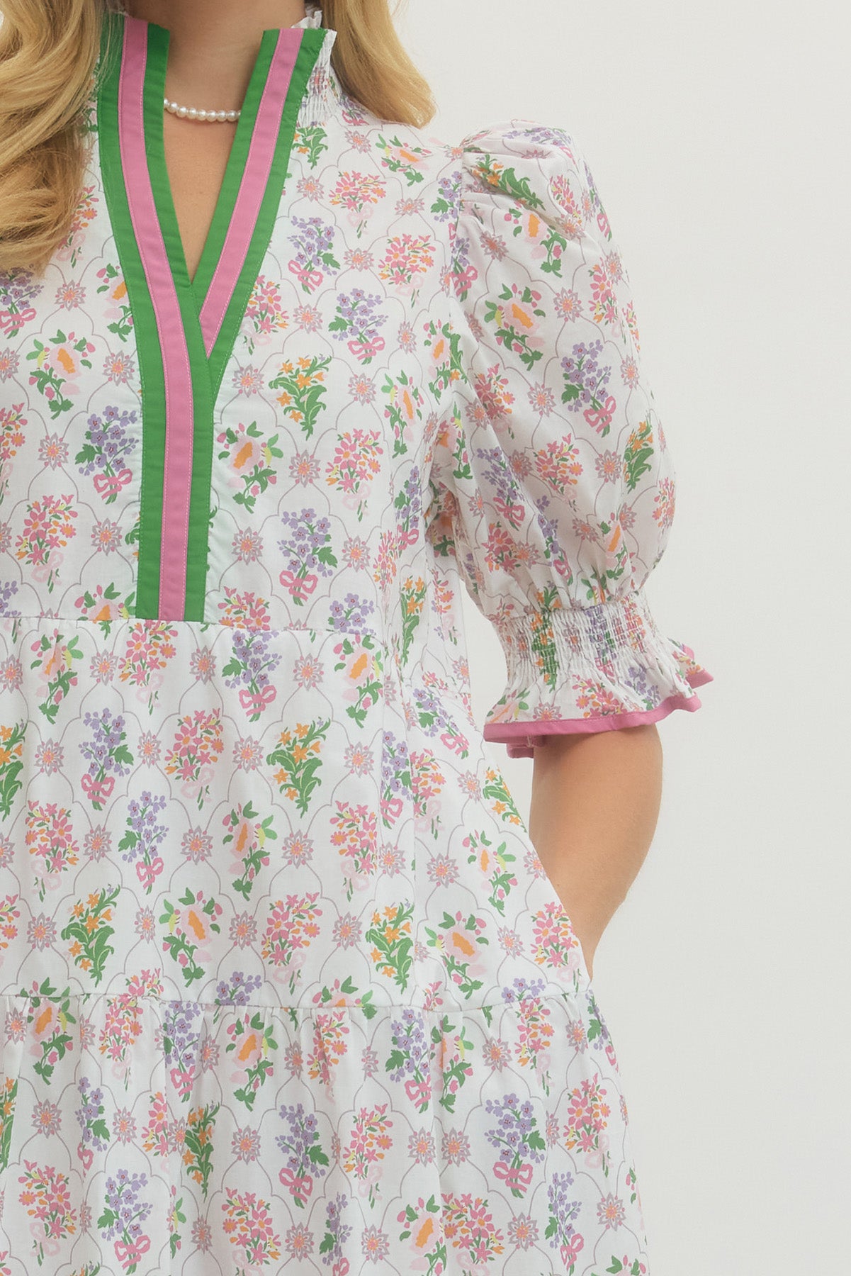 Off White Floral Puff Sleeve Midi w/ Ruffled Collar