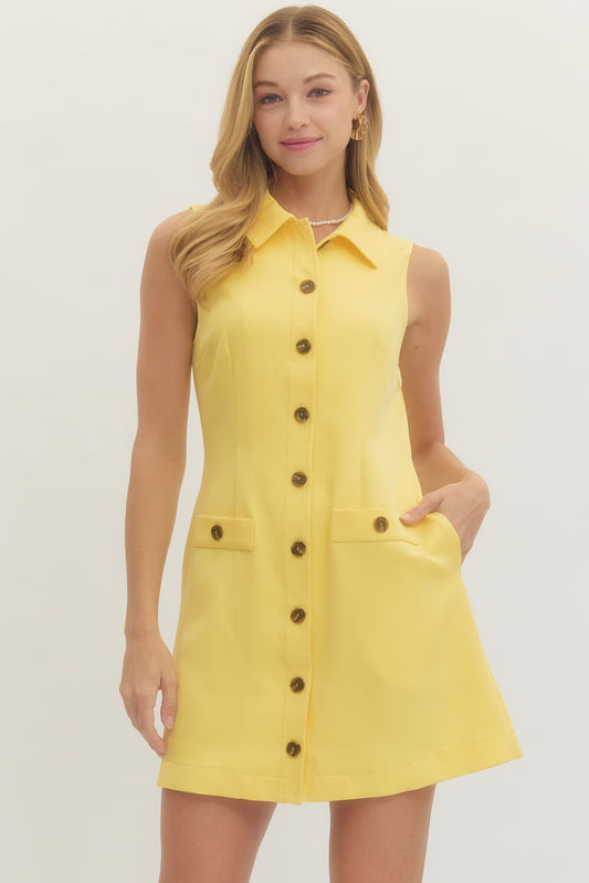 Solid Sleeveless Mini Dress Front Button