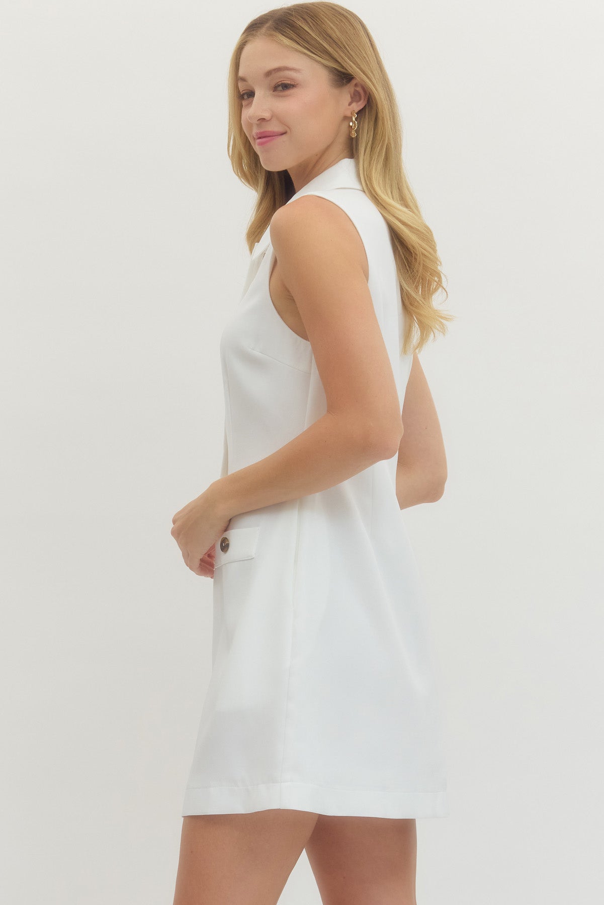 Solid Sleeveless Mini Dress Front Button