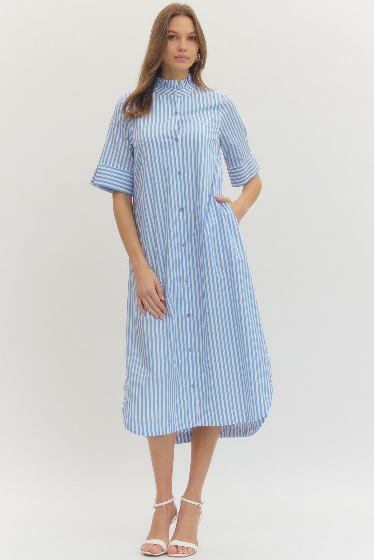 Striped Shirt Midi Dress Button-Front