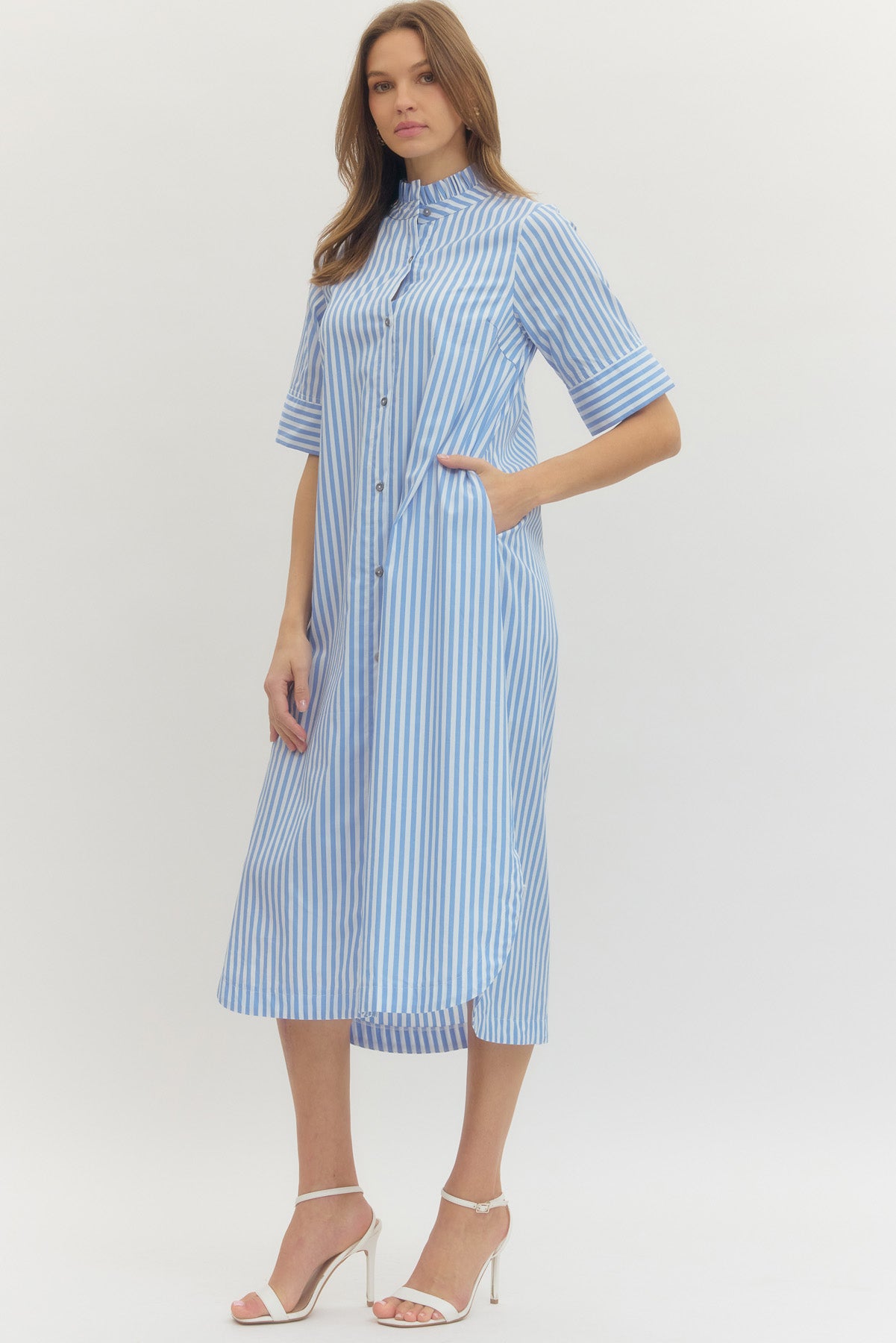 Striped Shirt Midi Dress Button-Front