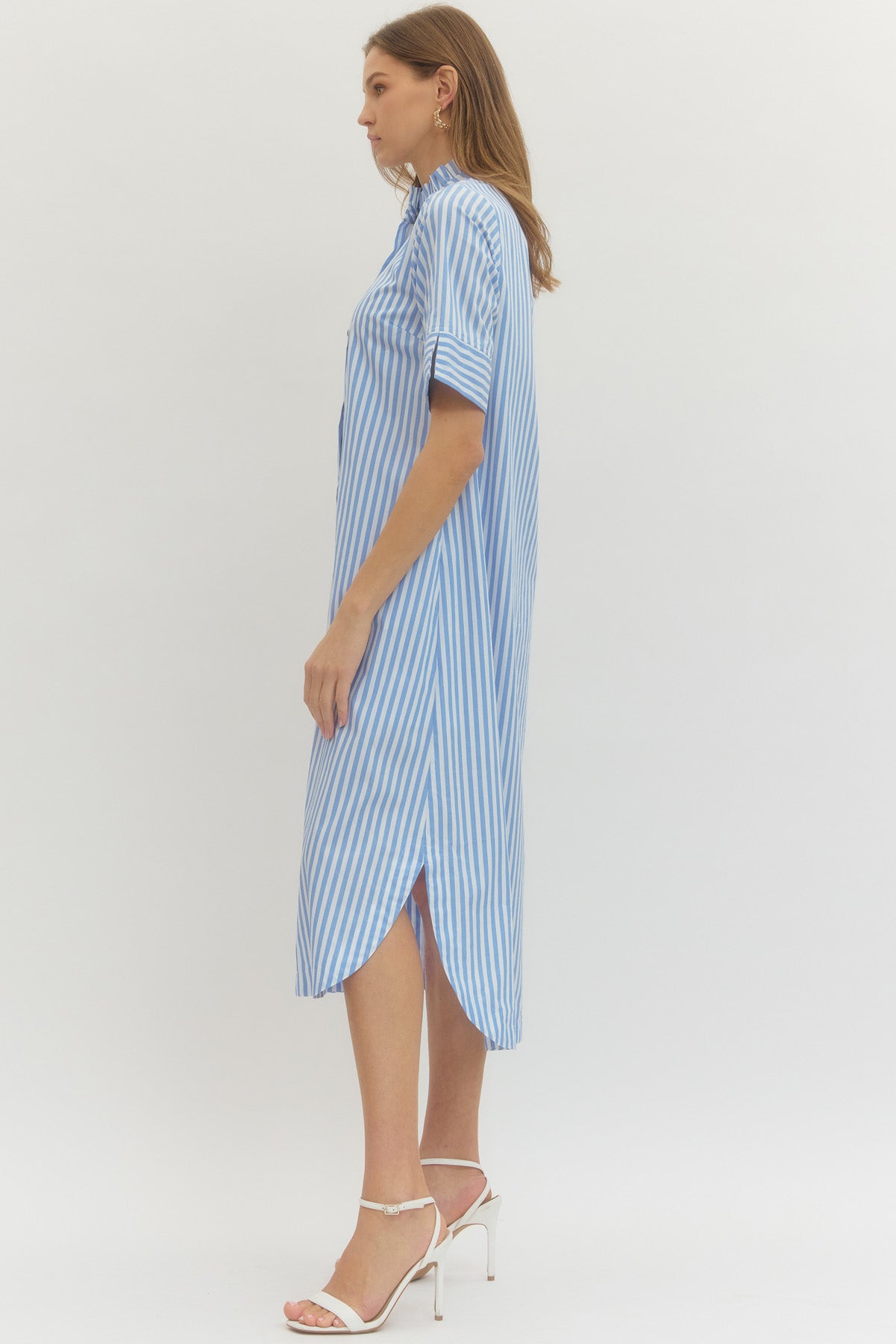 Striped Shirt Midi Dress Button-Front