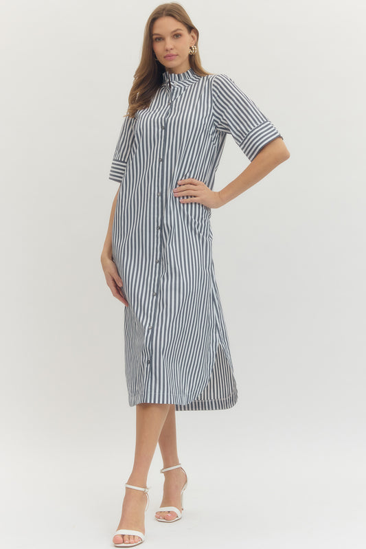 Striped Shirt Midi Dress Button-Front