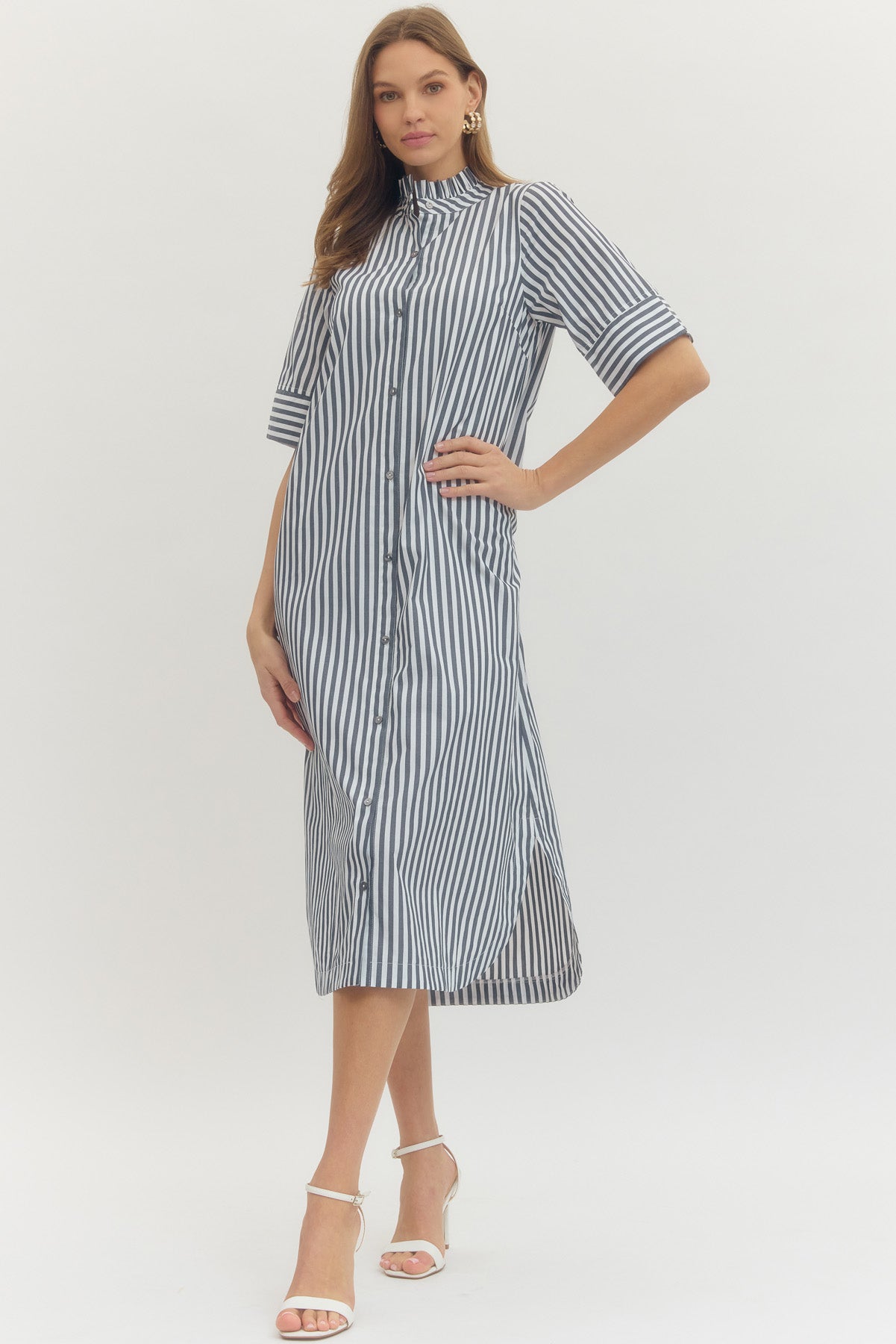 Striped Shirt Midi Dress Button-Front
