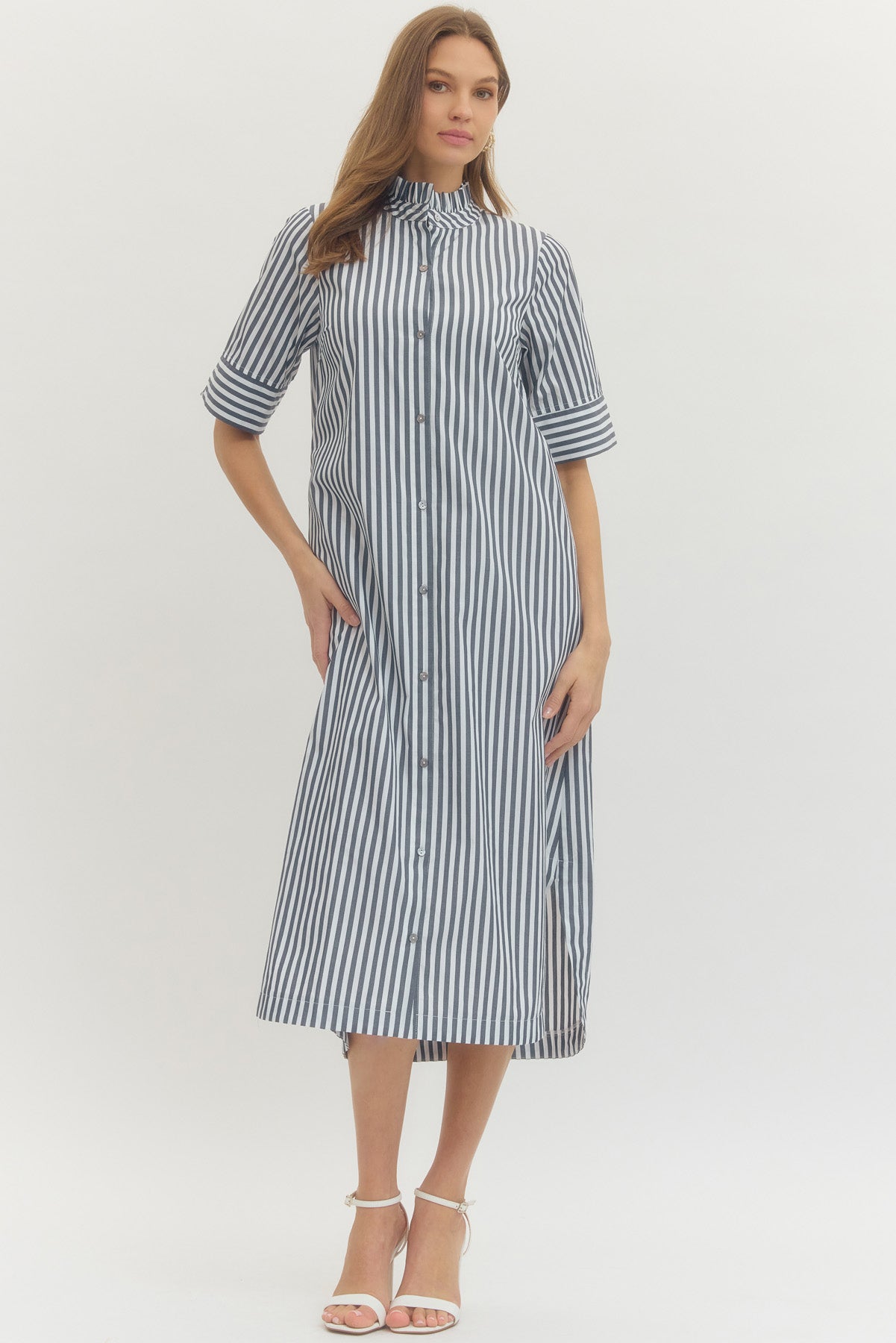 Striped Shirt Midi Dress Button-Front