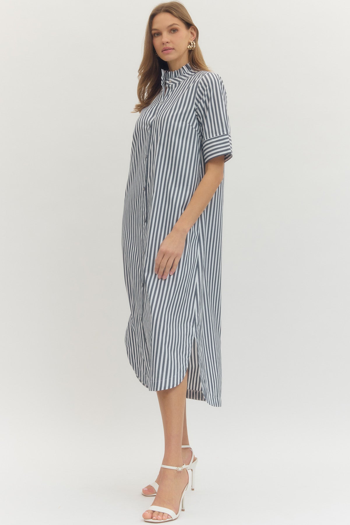 Striped Shirt Midi Dress Button-Front