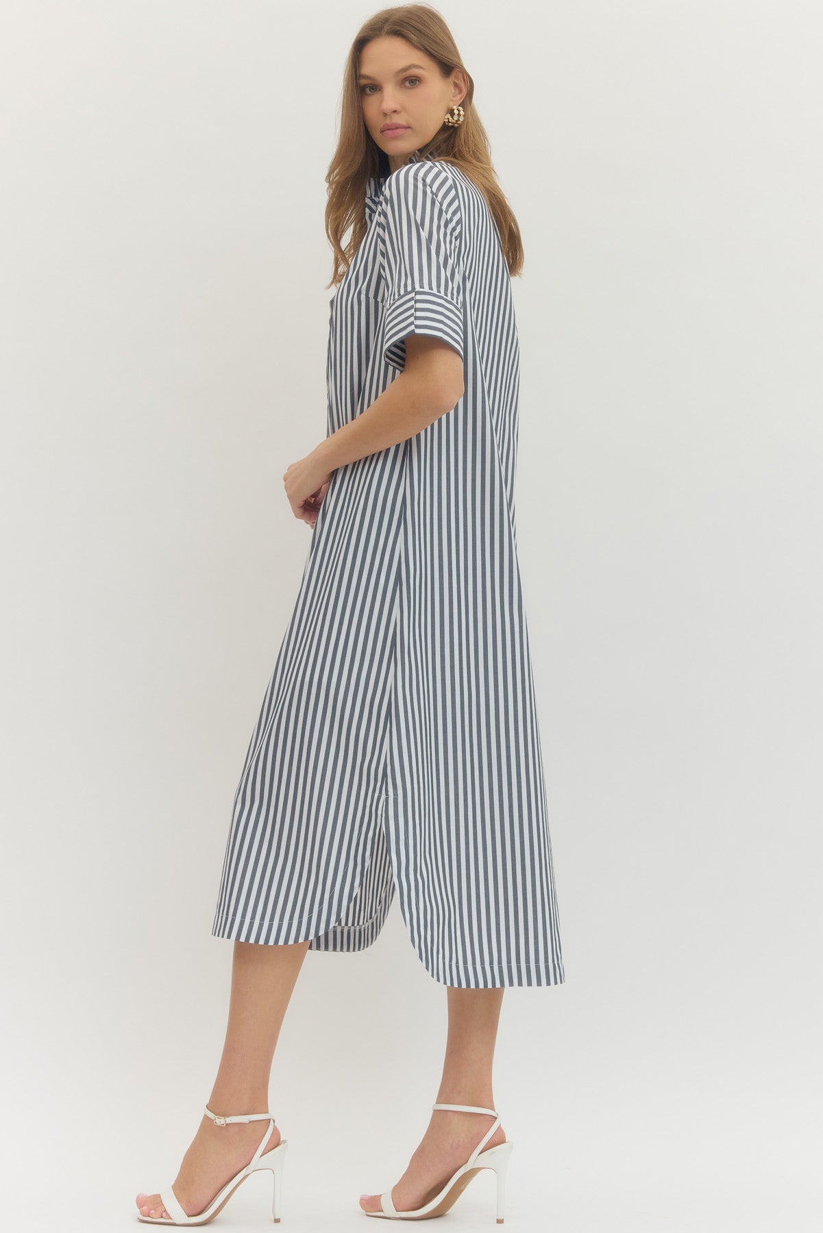 Striped Shirt Midi Dress Button-Front