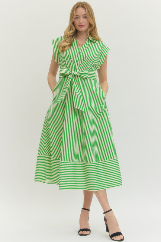 Striped Collard Cuff Sleeve Shirt Dress