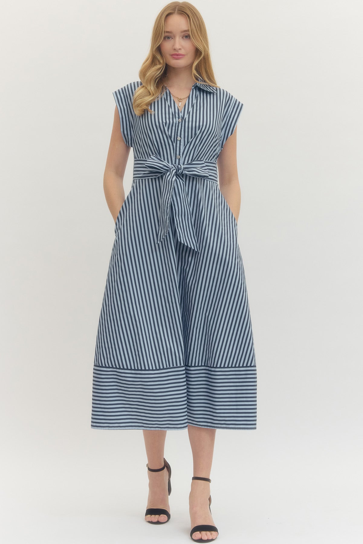 Striped Collard Cuff Sleeve Shirt Dress