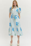 Blue Floral Stripe Puff Sleeve Midi