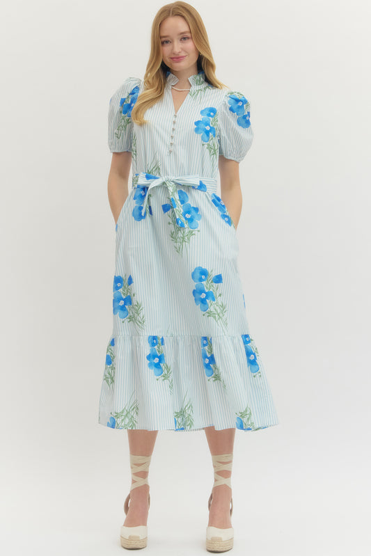 Blue Floral Stripe Puff Sleeve Midi