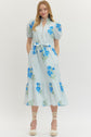 Blue Floral Stripe Puff Sleeve Midi