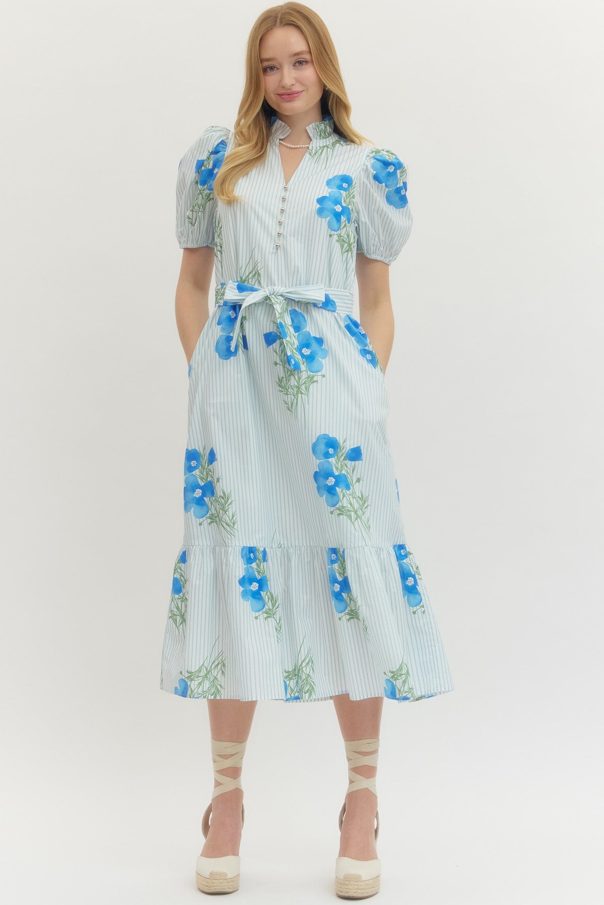 Blue Floral Stripe Puff Sleeve Midi