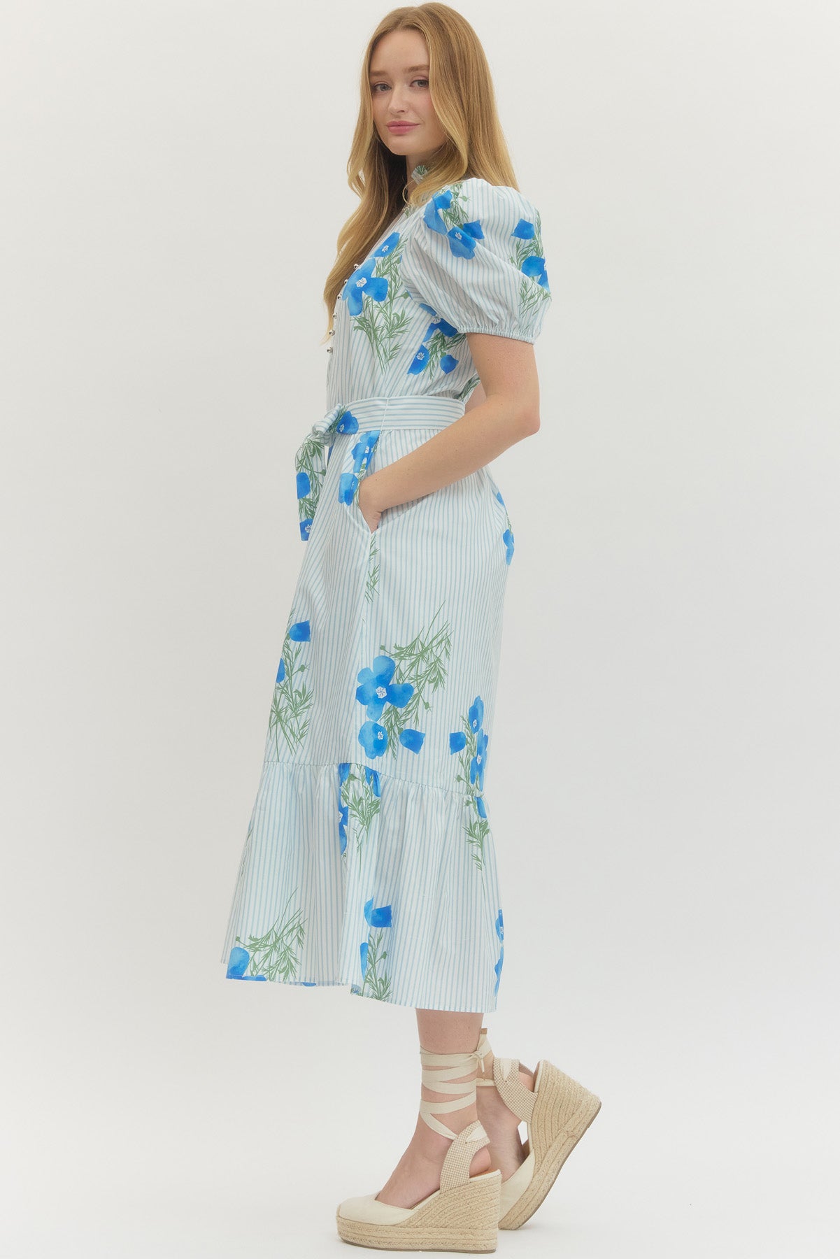 Blue Floral Stripe Puff Sleeve Midi
