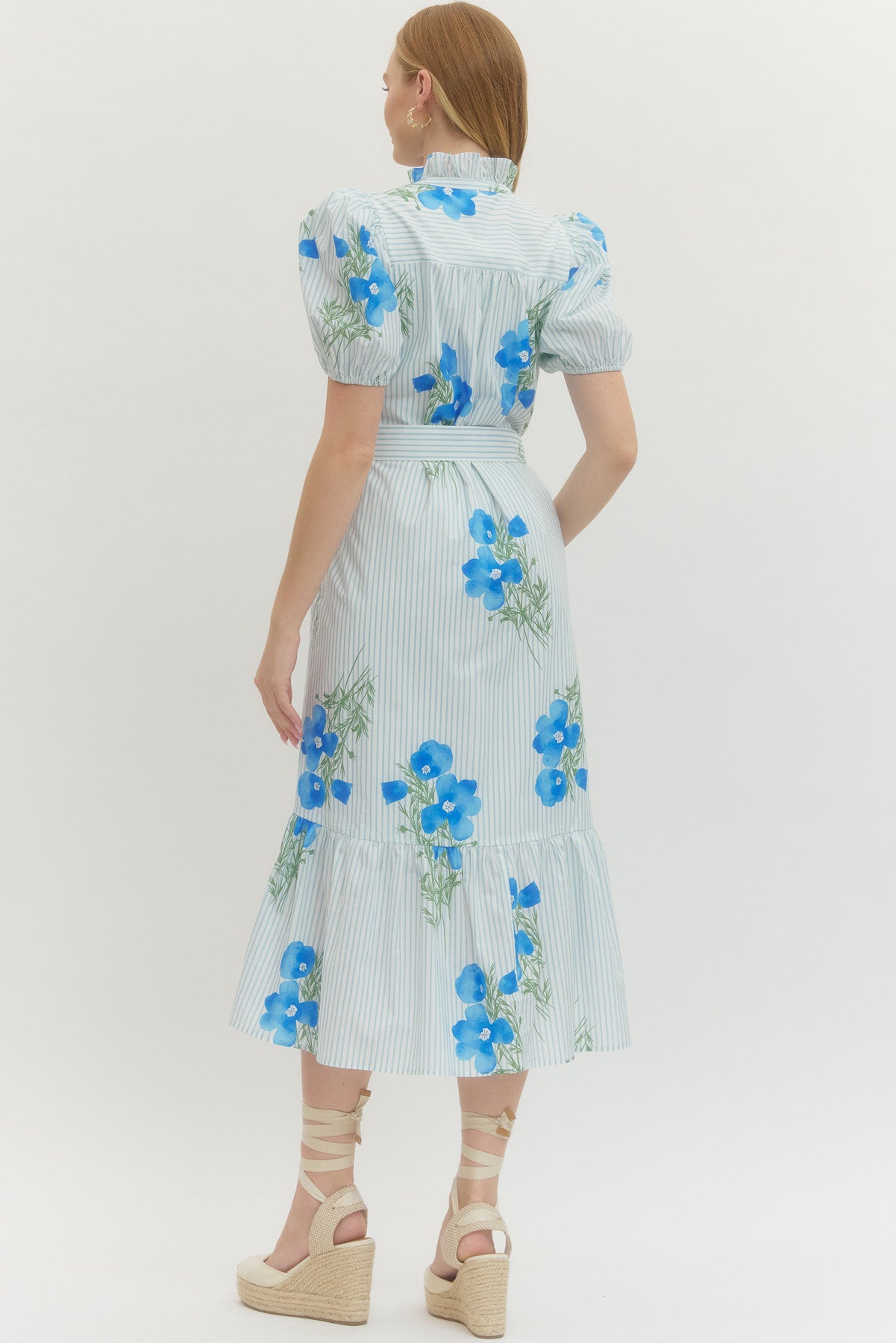 Blue Floral Stripe Puff Sleeve Midi