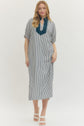 Indigo Striped Shift Midi Dress with Contrast Neckline