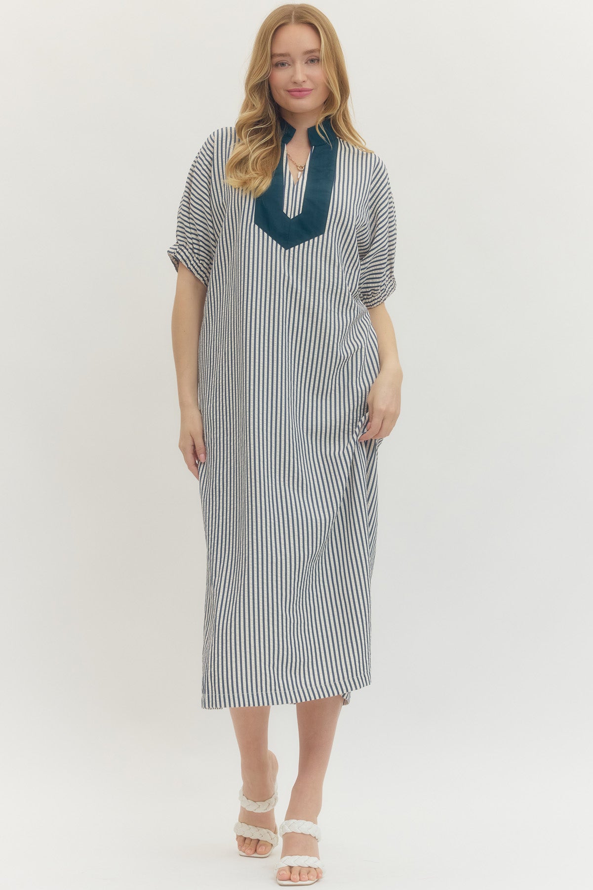 Indigo Striped Shift Midi Dress with Contrast Neckline
