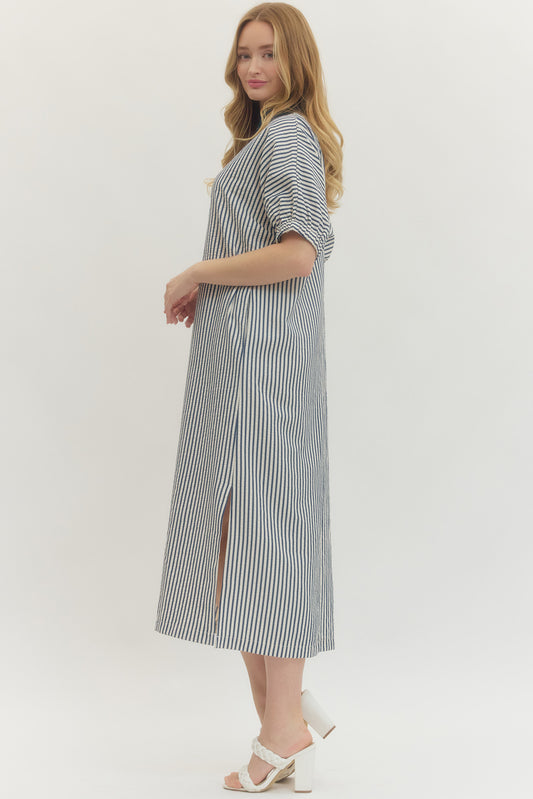 Indigo Striped Shift Midi Dress with Contrast Neckline
