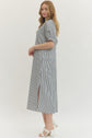 Indigo Striped Shift Midi Dress with Contrast Neckline