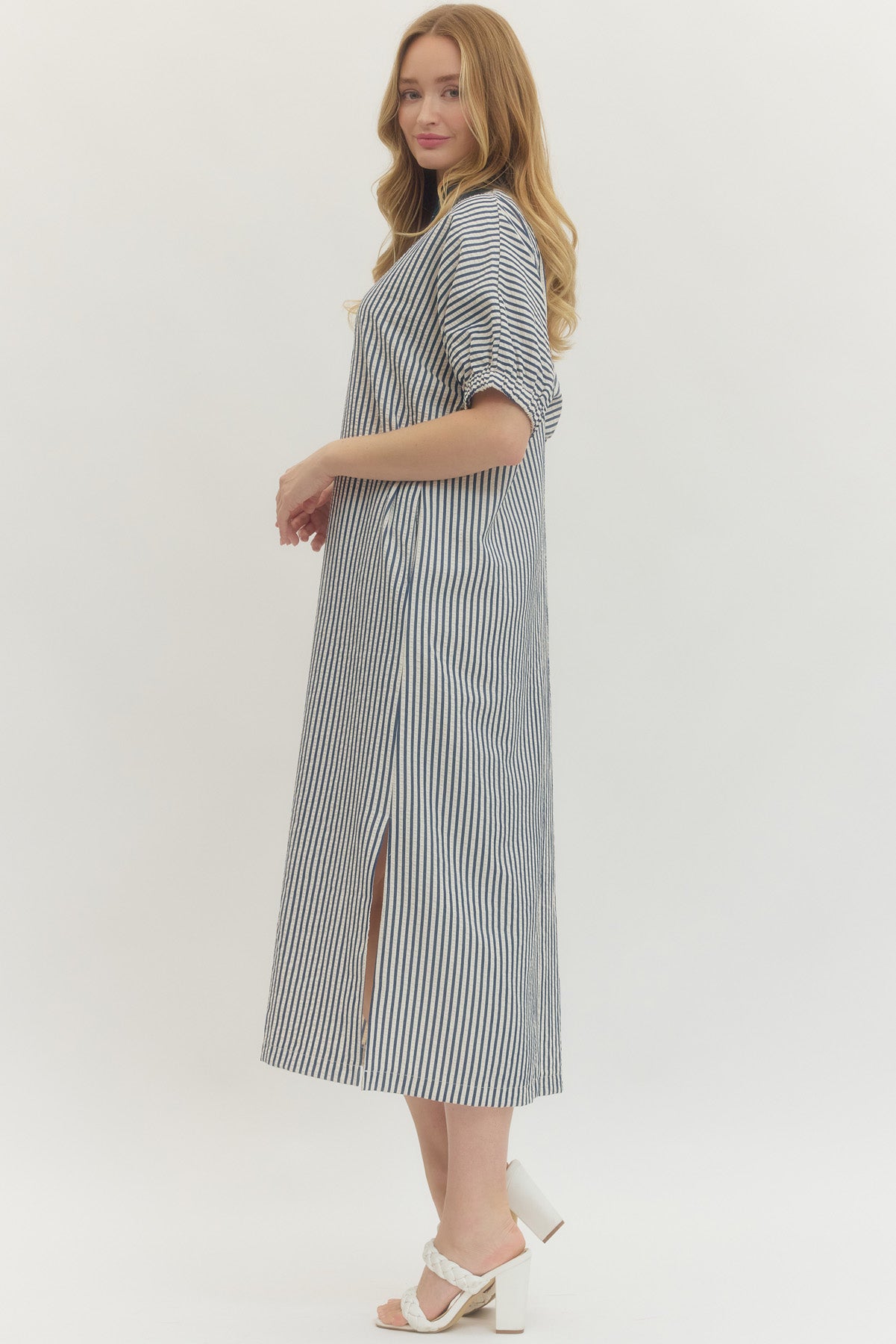 Indigo Striped Shift Midi Dress with Contrast Neckline