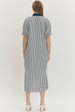 Indigo Striped Shift Midi Dress with Contrast Neckline