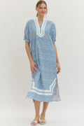 Lt. Blue Floral Contrast Trim Shift Midi