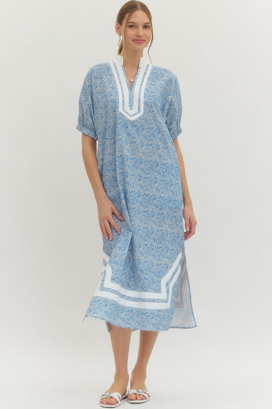 Lt. Blue Floral Contrast Trim Shift Midi