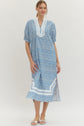 Lt. Blue Floral Contrast Trim Shift Midi