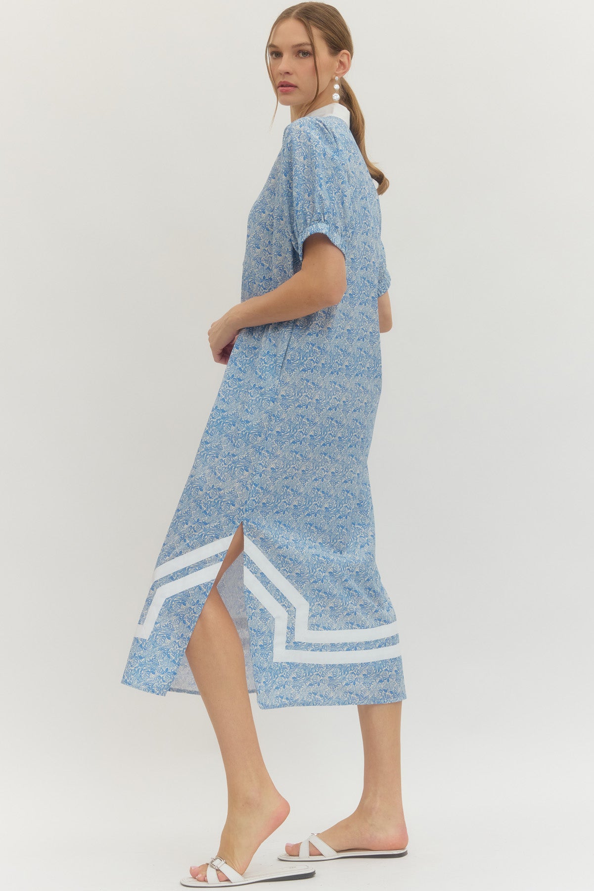 Lt. Blue Floral Contrast Trim Shift Midi