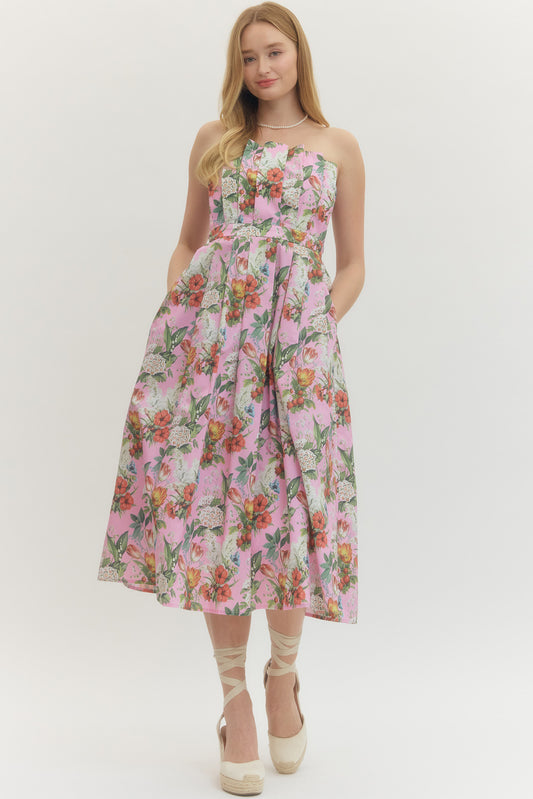 Floral Pleated Strapless Midi Dress