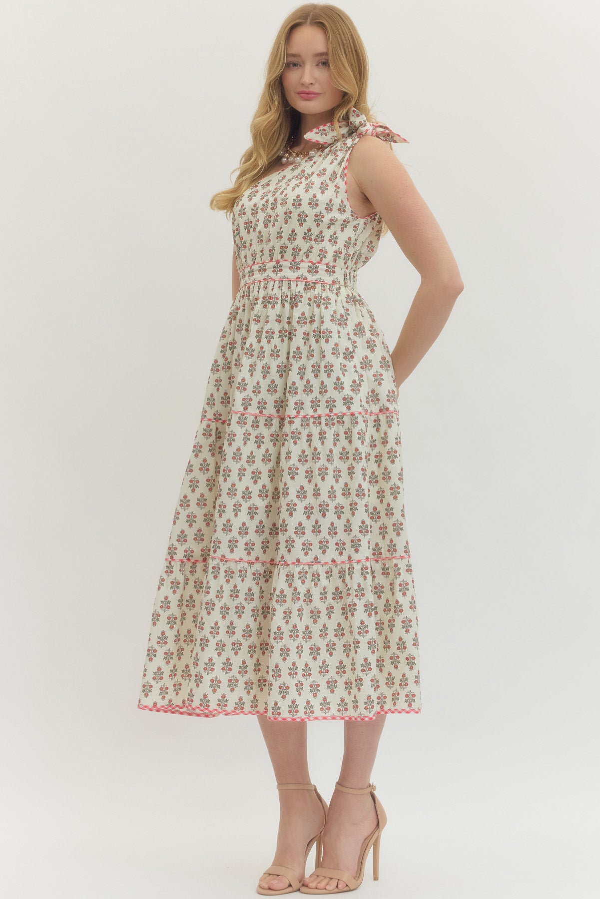 Floral Print One-Shoulder Sleeveless Midi With Bow Tie Shoulder Accent