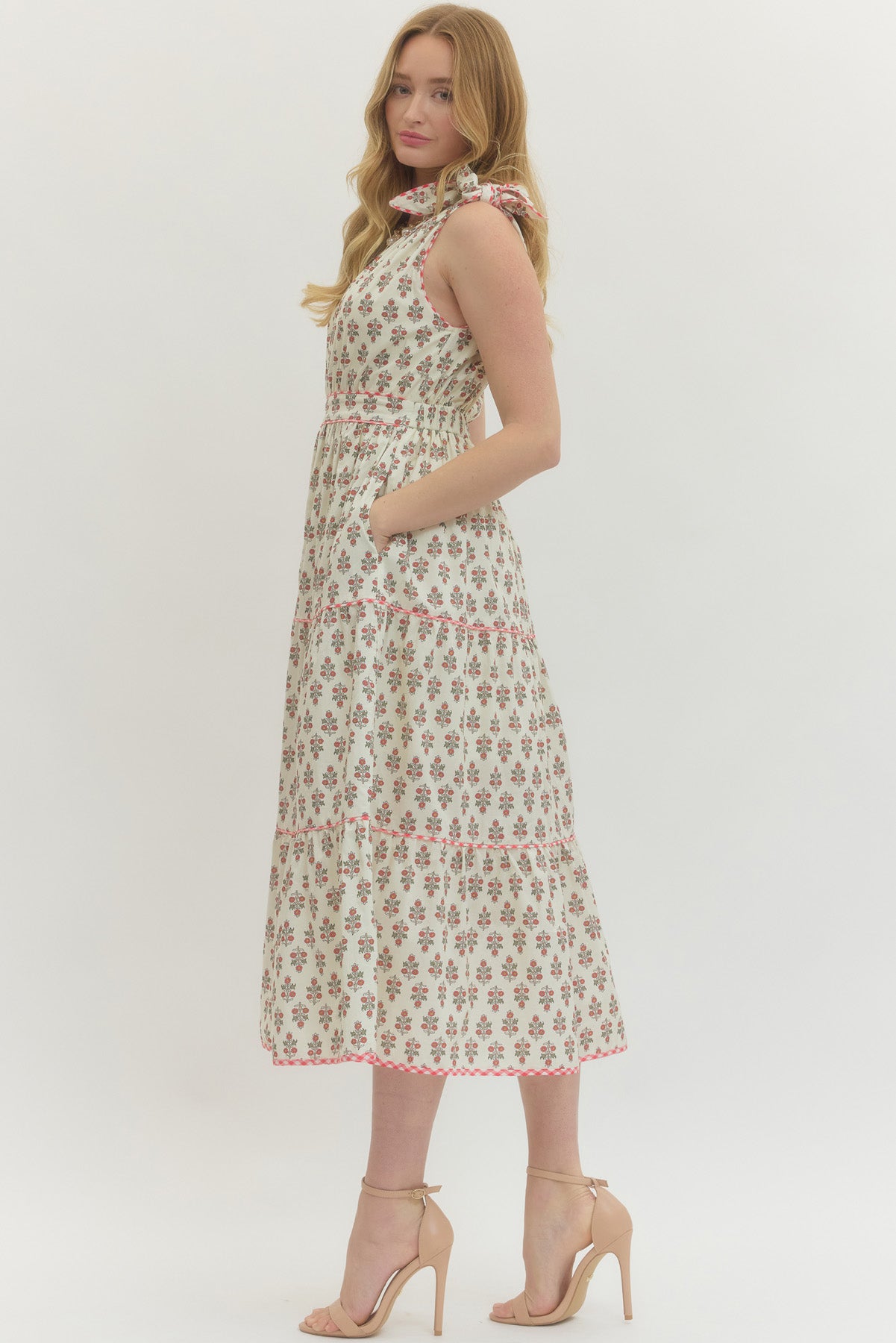 Floral Print One-Shoulder Sleeveless Midi With Bow Tie Shoulder Accent