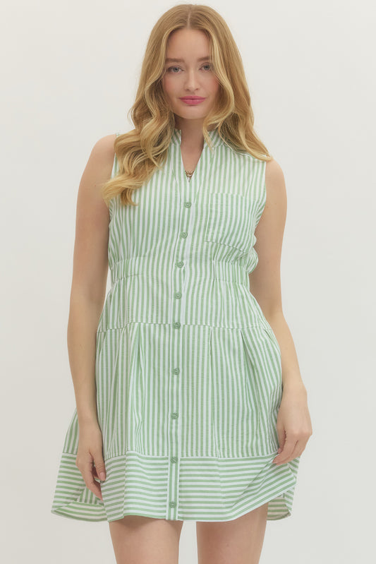 Sage Striped Sleeveless Button Down Mini Dress