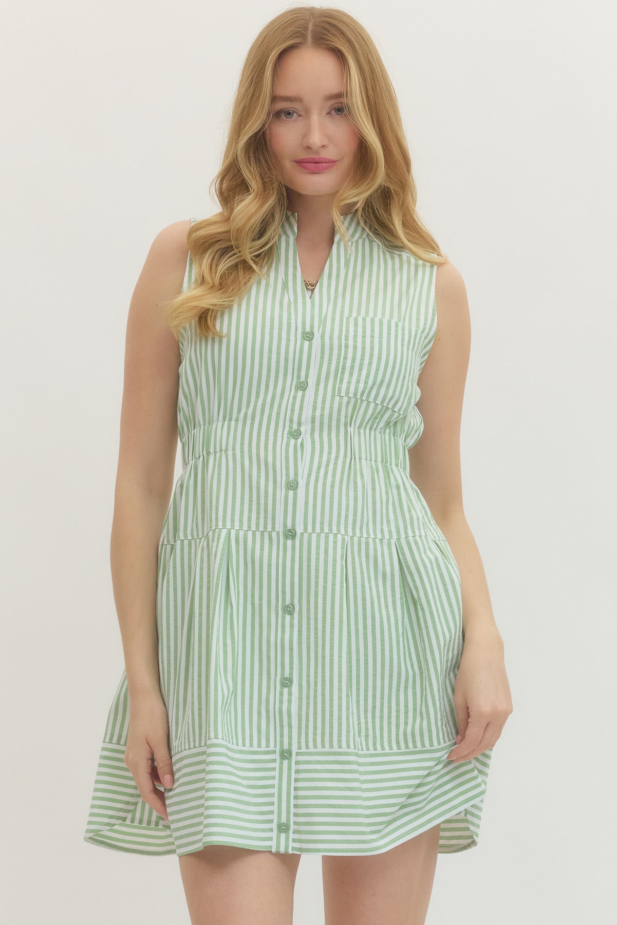 Sage Striped Sleeveless Button Down Mini Dress